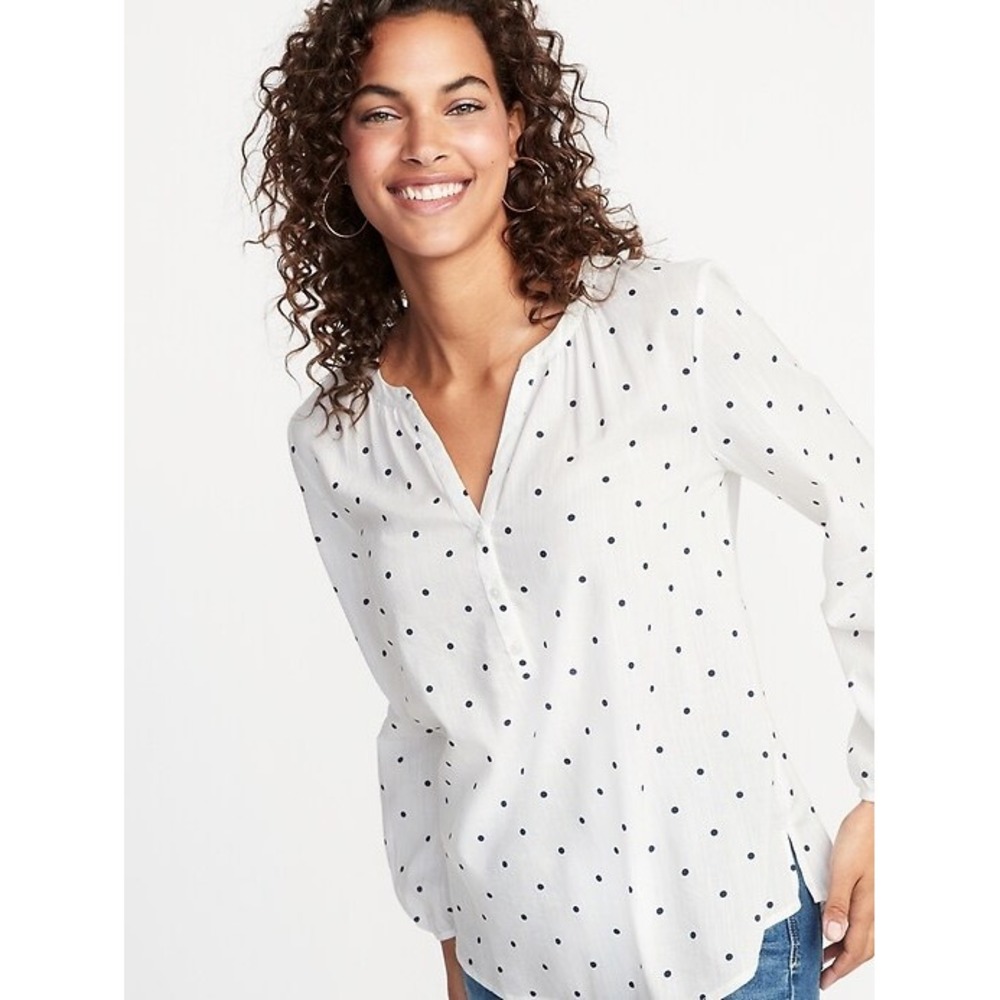Old Navy Womens White Navy Blue Polka Dot Cotton Poplin Pullover Tunic Top L